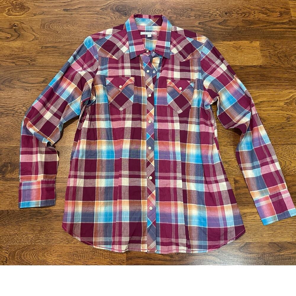 Tin Haul Women's Western Pearl Snap Plaid Shirt Cranberry Large Country Style